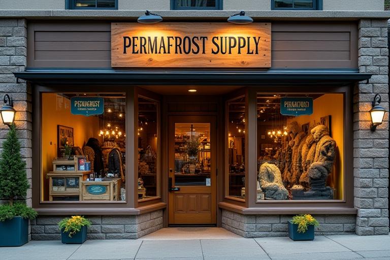 The inviting storefront of Permafrost Supply with a wooden sign in downtown Banff.