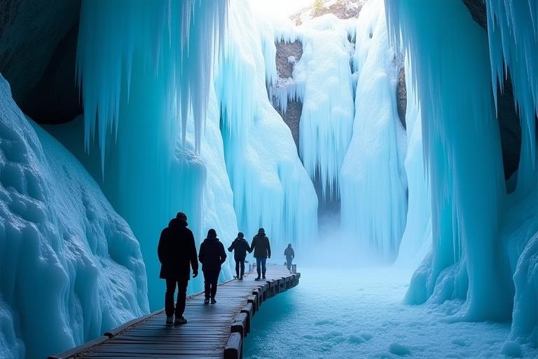 People walking on a catwalk next to massive, blue frozen waterfalls inside Johnston Canyon.